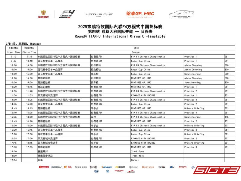 Harmonogram zawodów Dongpeng Special Drink FIA F4 Formuła Chiny Mistrzostwa Stacja Chengdu 2025