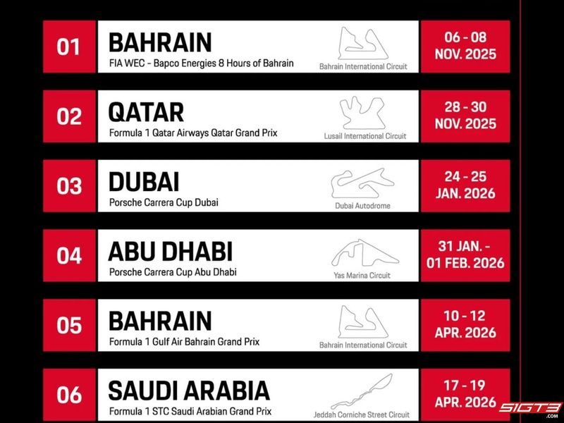 Svelato il calendario della stagione 2025/2026 della Porsche Carrera Cup Middle East