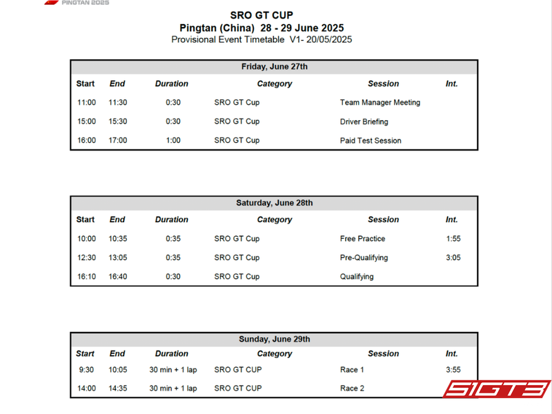 Jadwal Sementara Stasiun SRO GT Cup Pingtan (Tiongkok)