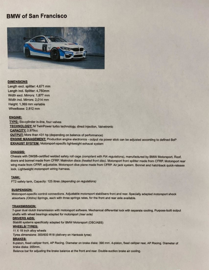 2018 宝马M4，原厂GT4赛车