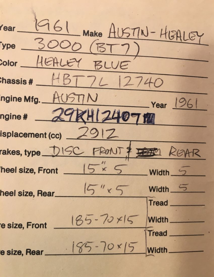 1961 Austin Healey 3000 Competition Car