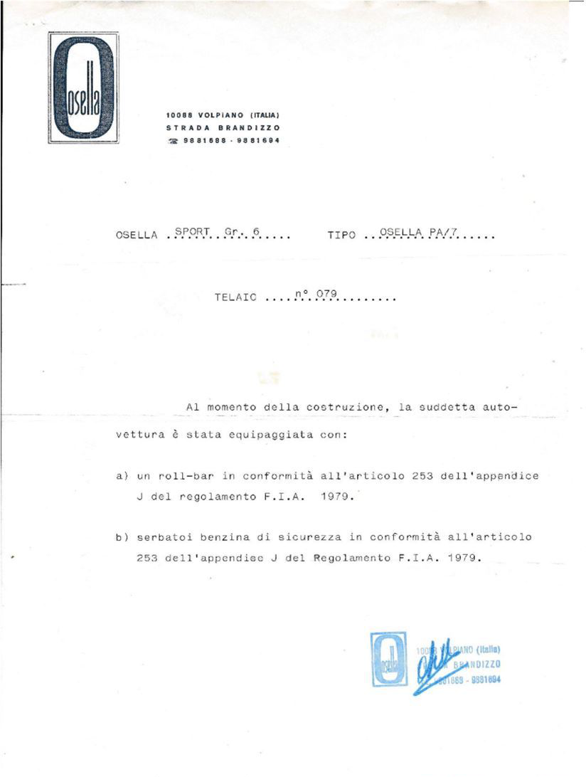 1979 Osella PA7 底盘编号：079
