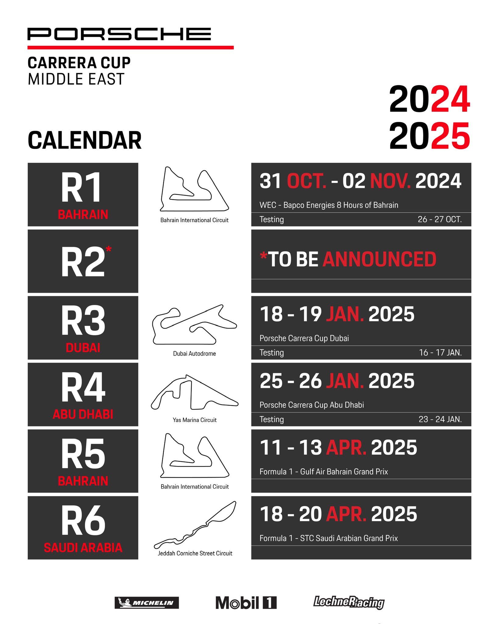 Porsche Carrera Cup Orientul Mijlociu anunță calendarul sezonului 2024/2025