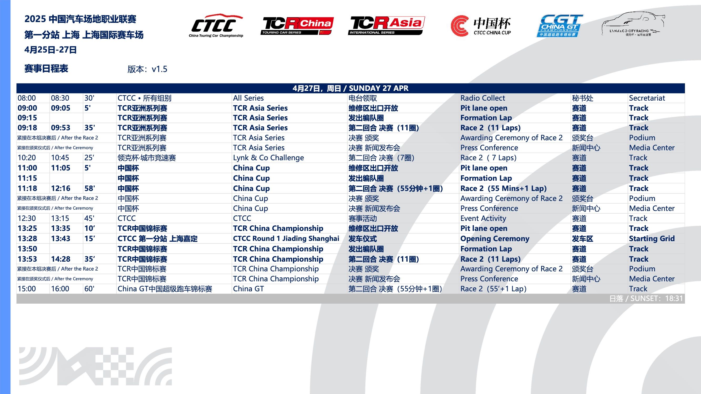 Calendari de curses de la Copa de la Xina de Xangai 2025 CTCC