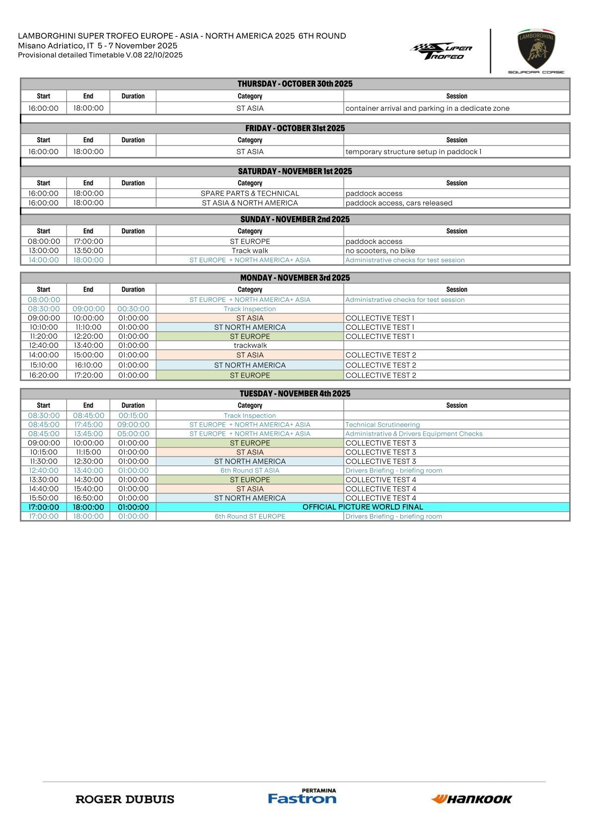 Lamborghini Super Trofeo Europe 2025 – Misano, 6e manche : Programme complet du week-end