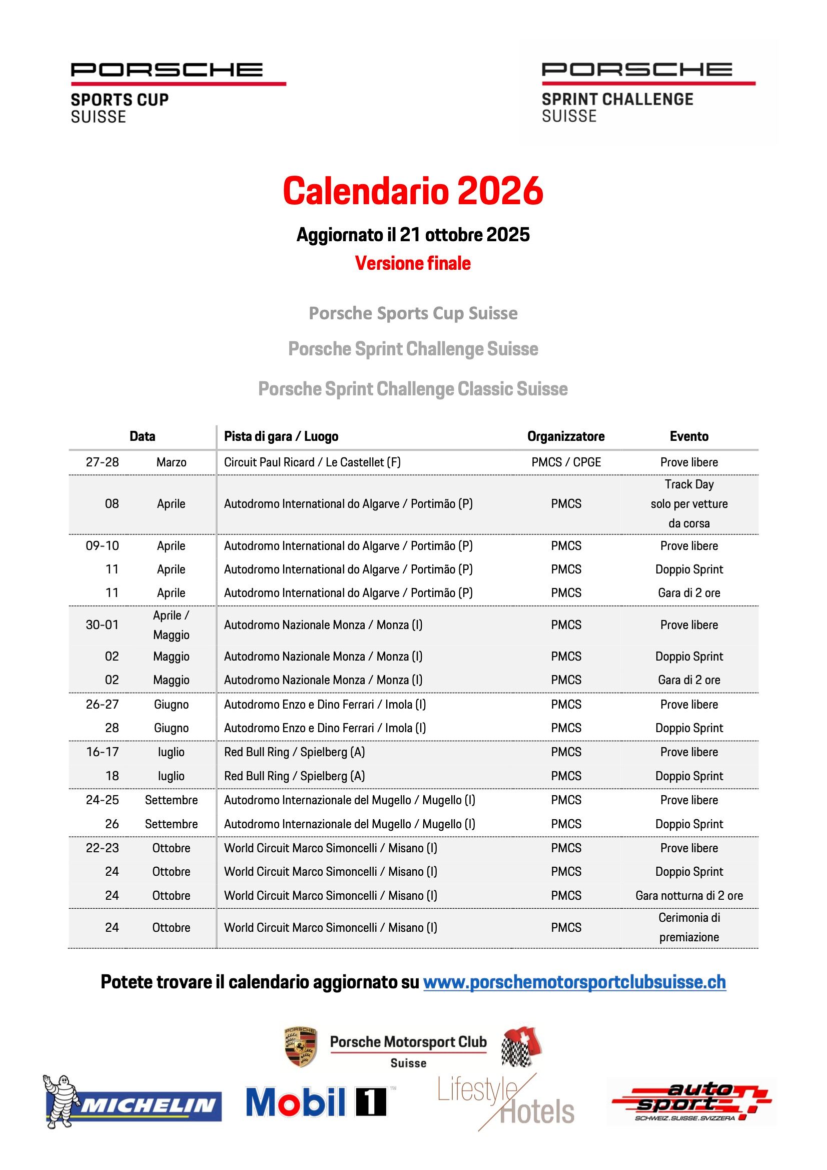 Porsche Sprint Challenge Schweiz 2026 Rennkalender