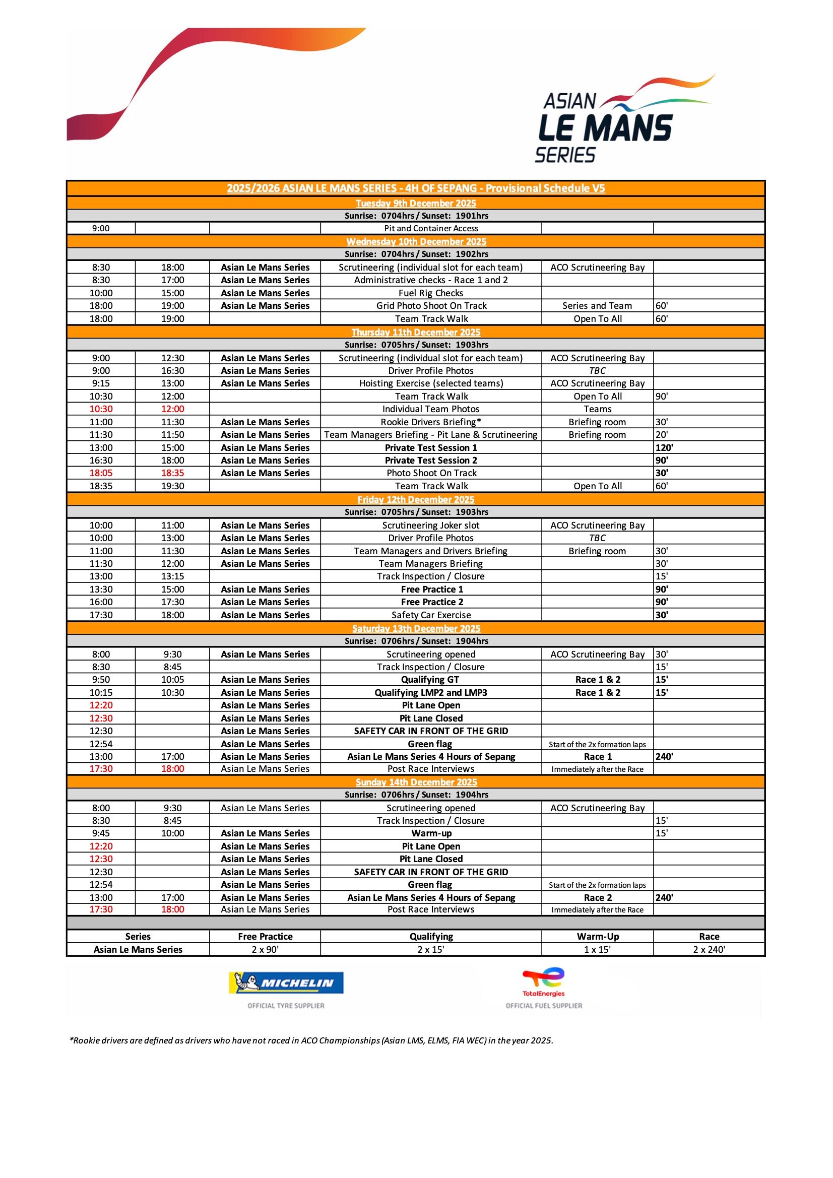 2025-2026 アジアン・ル・マン・シリーズ – セパン4時間レース 暫定スケジュール