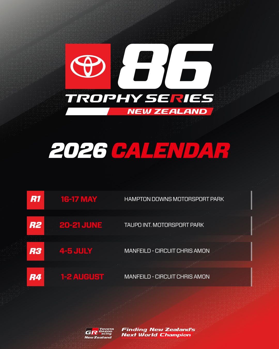 Toyota 86 Trophy Series New Zealand 2026 レースカレンダー概要