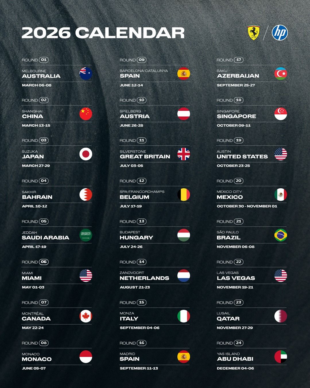 Ferrari à Travers le Monde — Aperçu du Calendrier Mondial de 24 Courses pour 2026