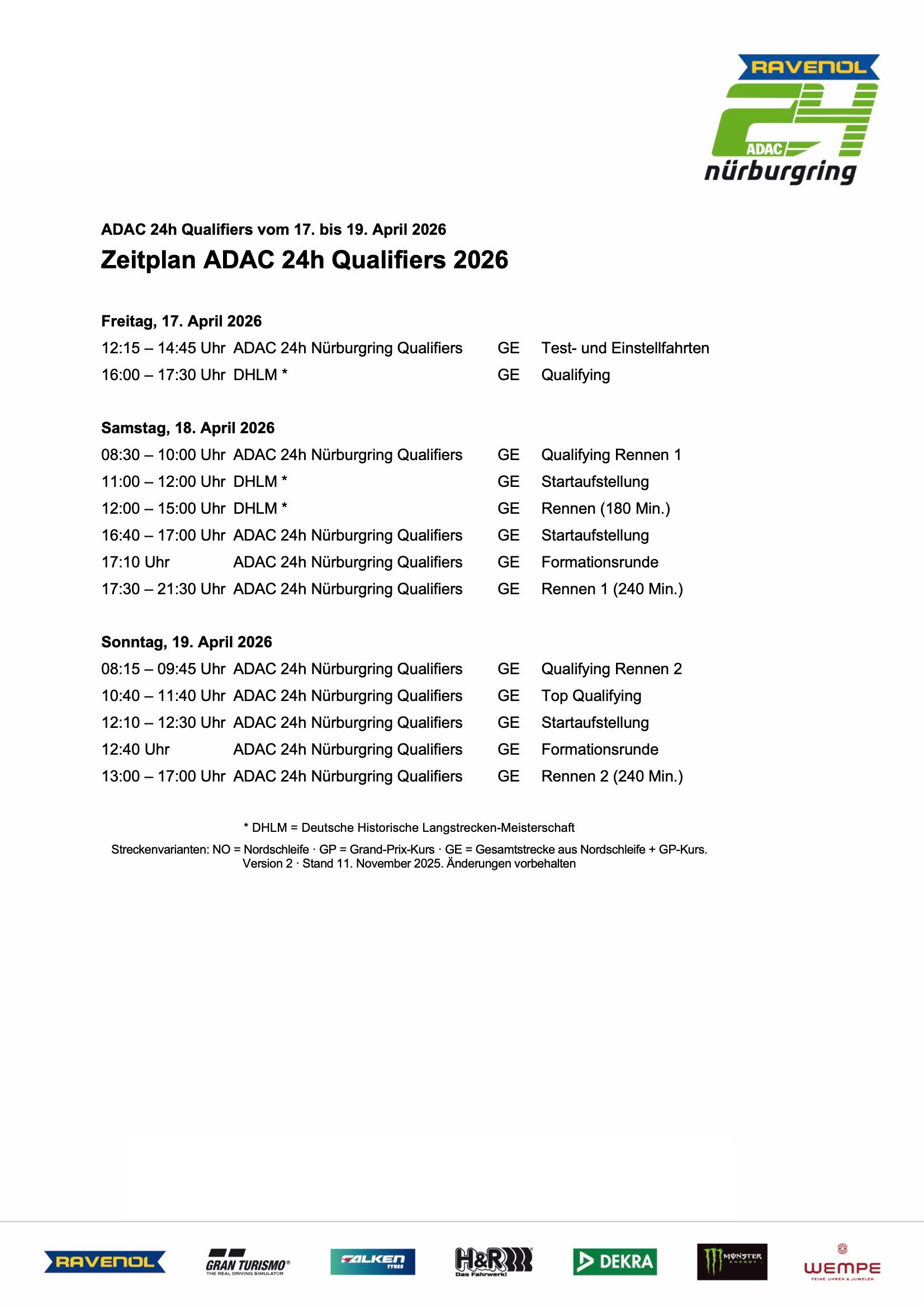 Calendari complet de les Qualificacions ADAC 24h Nürburgring 2026