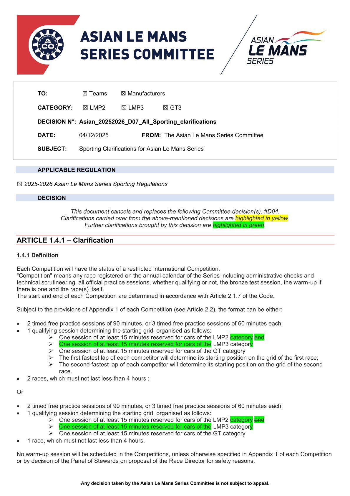 2025–2026 Asya Le Mans Serisi Sportif Açıklamalar Genel Bakışı