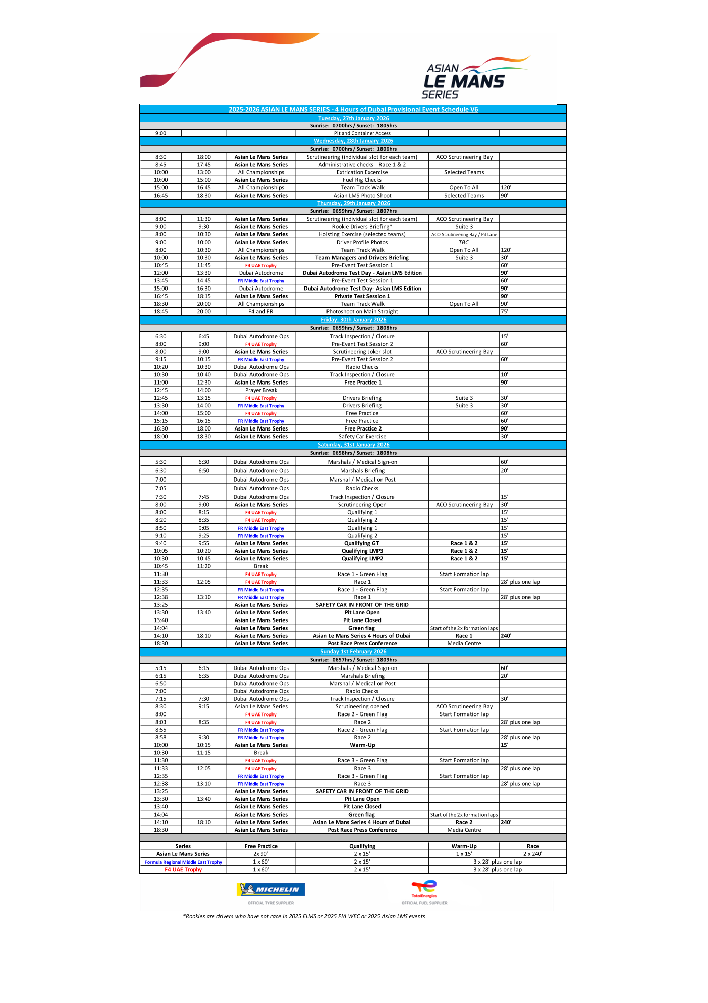 2026 F4 阿联酋杯 – 迪拜赛车场官方时间表